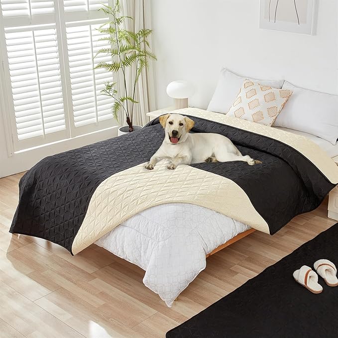 GIBZ Water Resistant Dog Bed Blanket Cover Large Anti Slip Pet Furniture Protector Washable Cat Quilted Mat for Couch, Black, 210x305cm