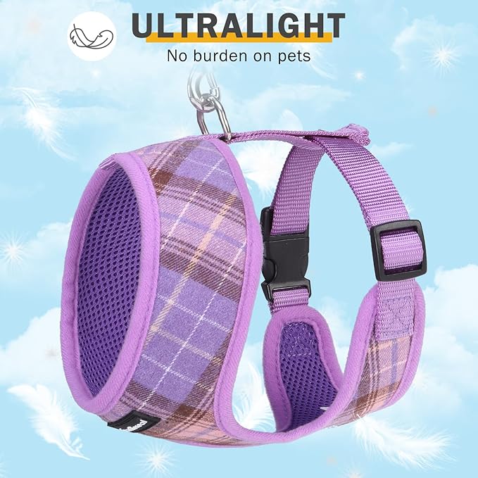 SCENEREAL No Pull Dog Harness with Leash Set for Small Dogs - Breathable Soft Mesh Vest, Plaid Design for Daily Walking Training, Fits Chihuahua Bulldog, Purple Size XS