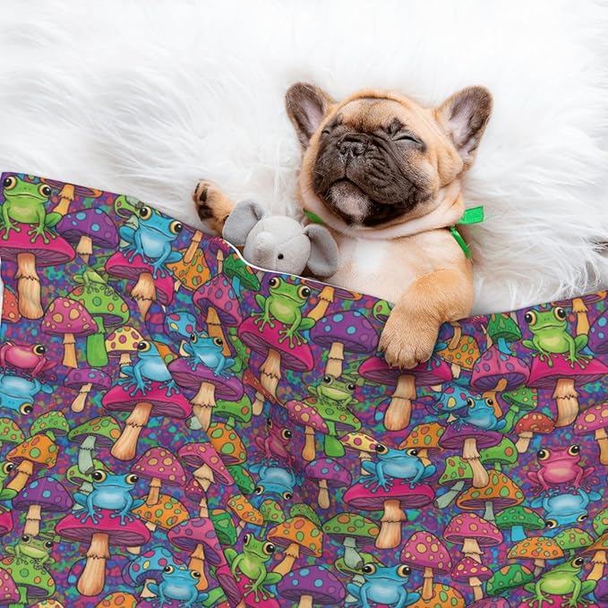 Pet Blanket for Couches and Beds, Watercolor Frogs Trippy Mushroom Cartoon, Reversible Double Sided Plush Design with Soft Bumpy Texture and Smooth Surface, Furniture Protector
