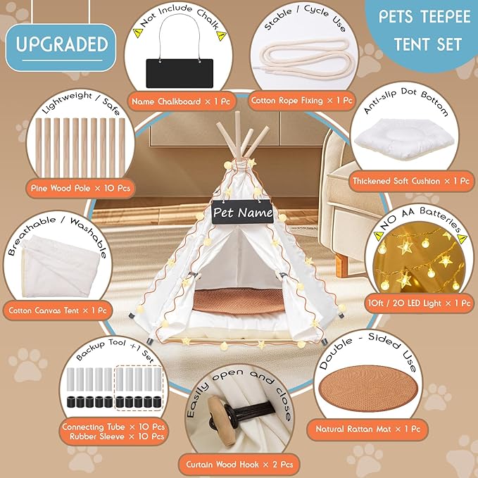 24" Dog& Cat Teepee Tent +28" Pet Cooling Mat +10ft Star String Light [2-Modes],Cotton Thicked Soft Comfort Anti-Slip Cushion (Used/Wash Separately), Indoor or Outdoor Large Pets Tents House