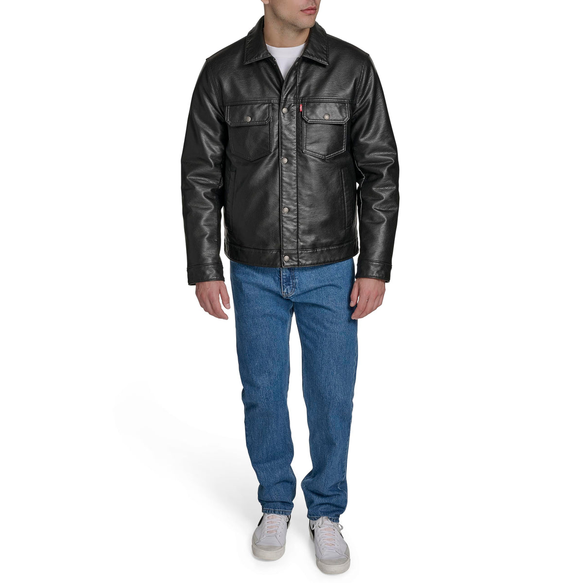 Levi's Men's Faux Leather Trucker Jacket with Quilted Lining, Black, Medium