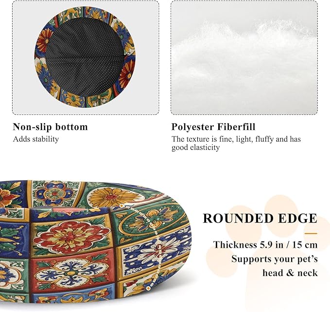 Round Cat Bed Dog Bed,13in Mexican Tile Patterns Washable Non-Slip Bottom Soft Pet Bed for Small Medium Dogs and Cats
