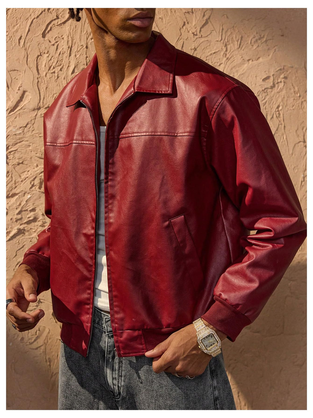 Verdusa Men's Leather Jacket Zip Up Collared Bomber Jackets with Pockets Red X-Large