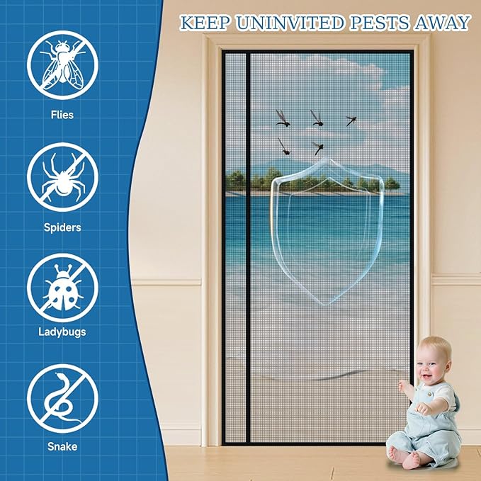 Magnetic Screen Door Mesh Left Right Side Opening Upgraded PET Material Mesh Stronger Than Fiberglass and Polyester,Keep Bugs Out,Pet & Kid Friendly Fit Door Size 80"X96",Screen Size 82''X98''