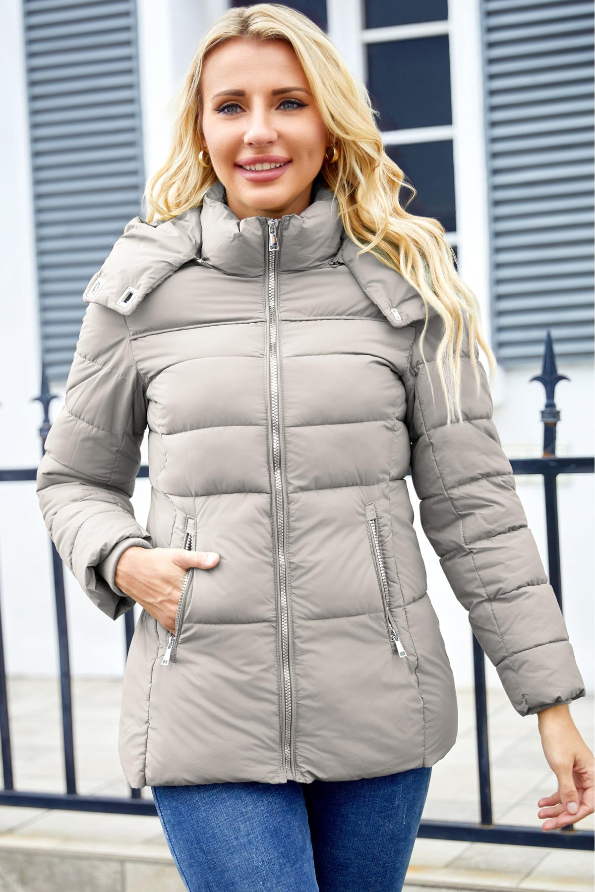 MODERN BUBBLE Womens Packable Puffer Jacket Winter Coat with Hood Warm Lightweight Thickened Down Jacket (US, Alpha, X-Large, Regular, Regular, Grey)