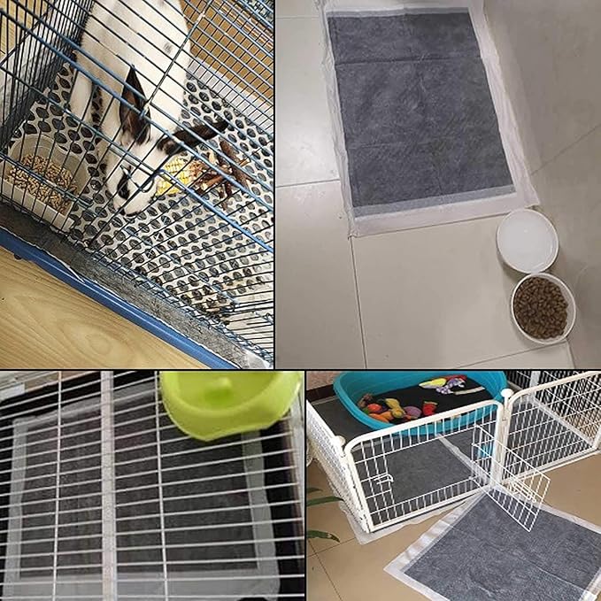 kathson Rabbit Pee Pads Disposable Cage Liners 100PCS All Absorb Black Carbon Odor Control Bunny Training Accessories with Quick-Dry Surface for Puppy Guinea Pig Kitten Hedgehog Small Animals
