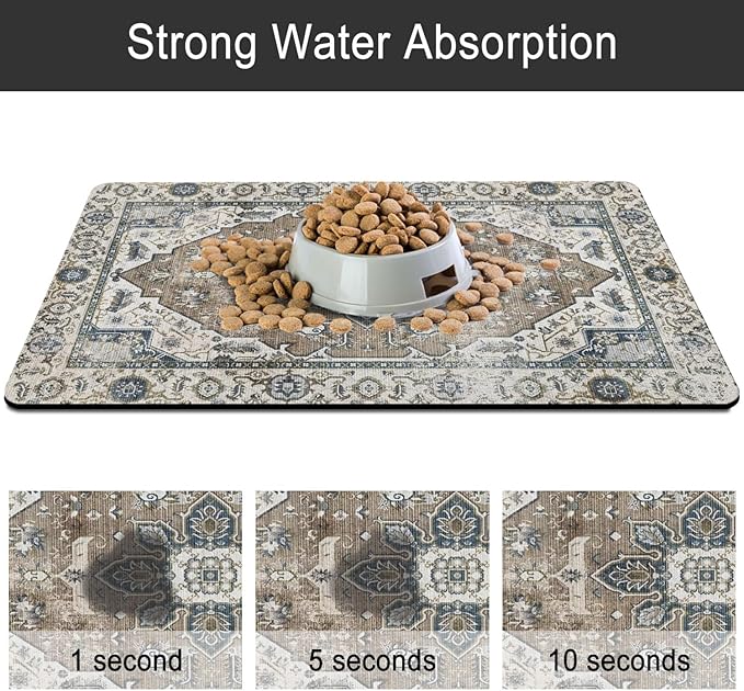 Dog Food Mats for Floors, Absorbent and Quick-Drying Pet Cat Food Mat,Anti-Fouling and Easy-to-Clean Pet Feeding Mat,Dog Bowl Mat for Messy Drinking Water Bowls.17 x27, Bohemia Style