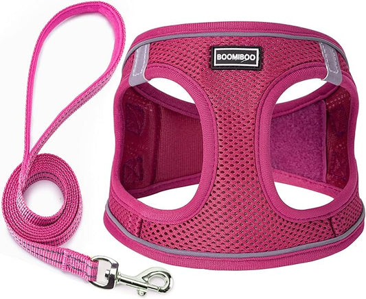 Dog Harness with Leash Set, No Pull Adjustable Reflective Step-in Puppy Pet Vest Harnesses for Small Medium Large Dogs and Cats,Rose Red L