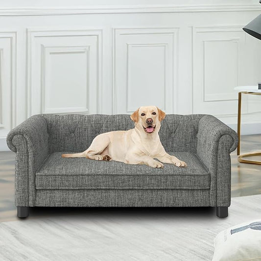 Elevated Rectangle Dog Sofa for Small & Medium Dogs - Comfortable Linen Fabric Dog Bed with Button Tufted Back, Durable Modern and Stylish Pet Bed for Living Room, Bedroom (Light Grey)