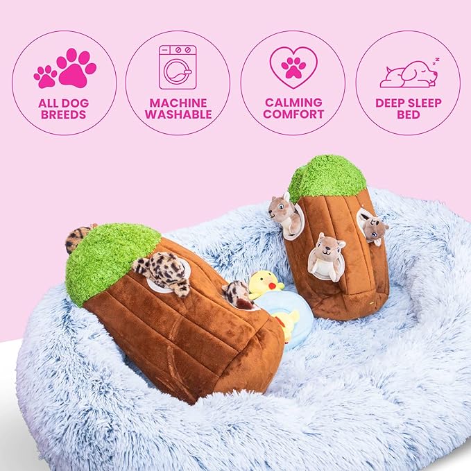 Glow Pups Calming Dog Bed, Egg Crate Dog Bed with Memory Foam Bolster, Luxurious Faux Fur Cozy Oval Design, Machine Washable Removable Cover, Non-Slip Base, Light Grey (23.6" x 19.6" x 7")