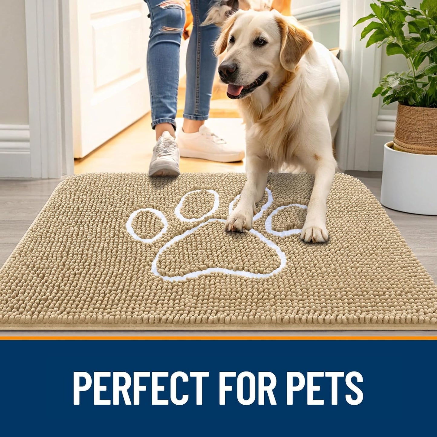 OLANLY Door Mat for Muddy Dog Paws 48x30, Ultra Absorbent Chenille Mud Doormat with Paw Print Design, Non-Slip Washable Doormat for Indoor Entryway, Quick-Dry Pet Bed Mats for Dirty Dogs, Beige