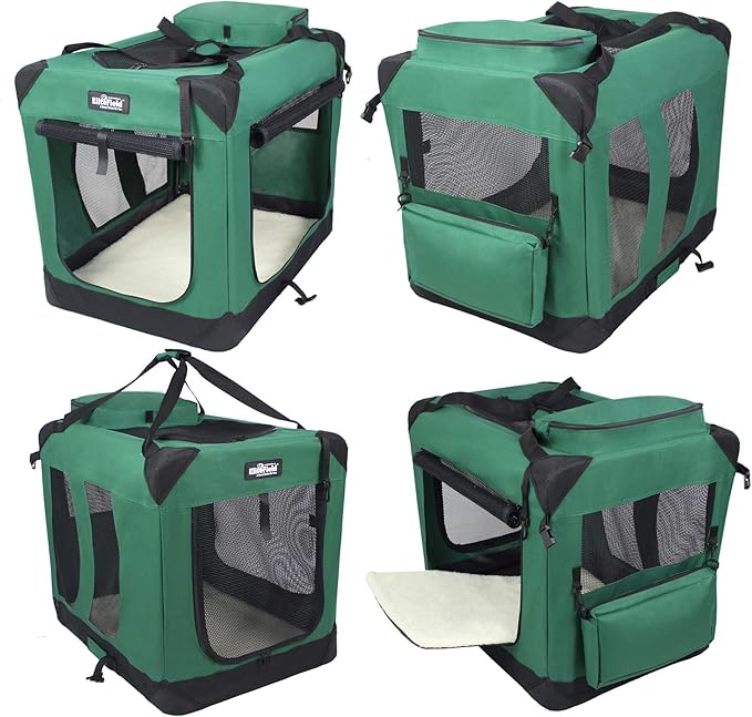 EliteField 3-Door Folding Soft Dog Crate with Carrying Bag and Fleece Bed (2 Year Warranty), Indoor & Outdoor Pet Home (42" L x 28" W x 32" H, Green)