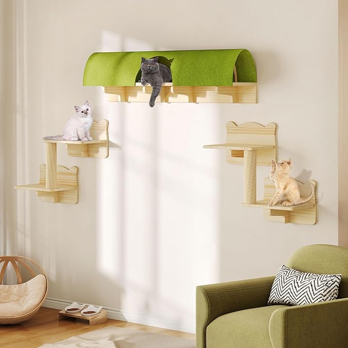 Cat Wall Shelves, 7-in-1 Solid Wood Wall-Mounted Cats Furniture Set with Scratching Post, Cat Climbing Wall Systems with 40''L Tunnel, Steps, Cats Shelf Furniture