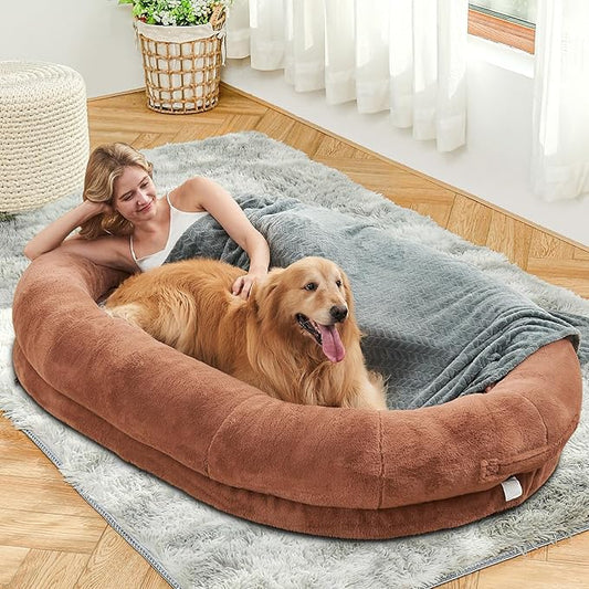 Human Dog Bed - 72"x48"x10" Large Gaint Shared Bed for Adult - Flufelbed Standard Cloud Bed for Humans and Dogs - Nap Bed Bean Bag Bed Faux Fur Fluffy Orthopedic Pet Bed Large Brown