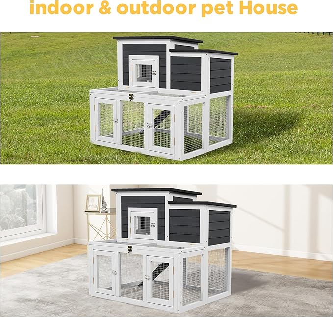 37.8" L Rabbit Hutch Outdoor,UV-Proof Home for Chickens, Ducks,Bunnies & Guinea Pigs，2-Story Pet House Indoor Bunny Hideout with Ventilation Door，Weatherproof Asphalt Roof for Garden Backyard (Grey)