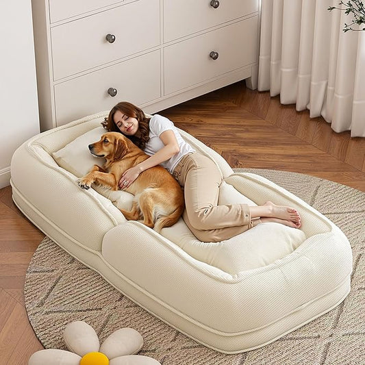 Oversized Human Dog Bed for Adult, Foldable Giant Human Pet Bed with 2 Soft Pillows, Large Sized Dog Sofa with 5 Adjustable Position for Humans, Metal Frame & Corduroy (White)