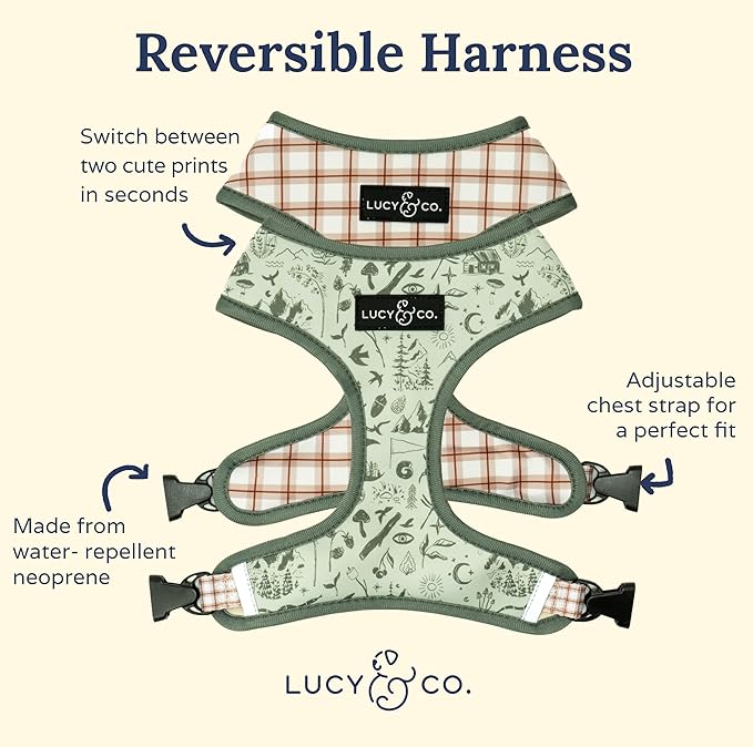 Lucy & Co. Cute Reversible Dog Harness Walking Halter - Best Designer Pet Harnesses for XS - XL Dogs - Padded Adjustable Vest for Easy Walking-XLarge-Green Outdoor Plaid