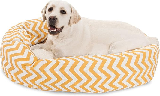 Majestic Pet 40 Inch Chevron Sherpa Calming Dog Bed Washable – Cozy Soft Round Dog Bed with Spine for Head Support - Fluffy Donut Dog Bed 40x29x9 (inch) – Round Pet Bed Large - YELLOW