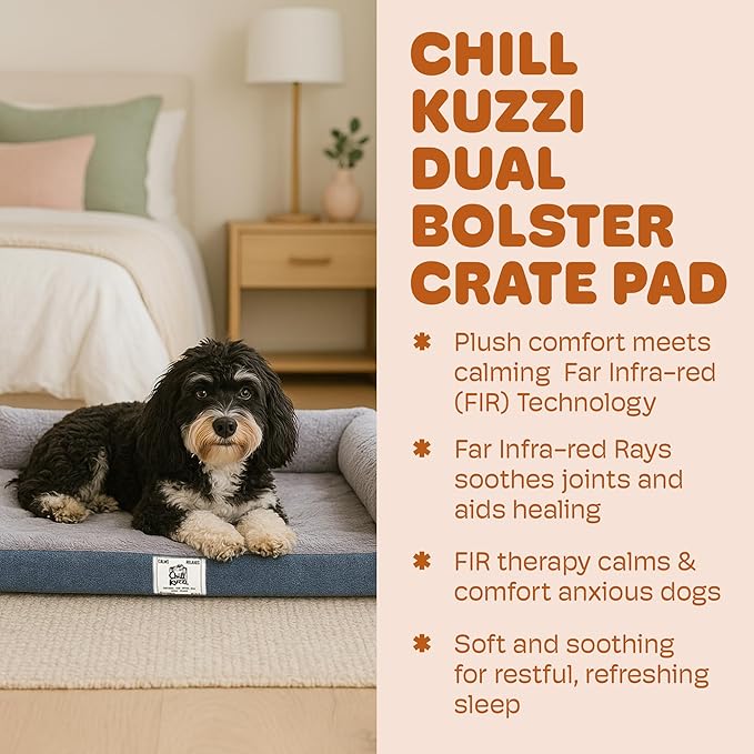 Dog Gone Smart Chill Kuzzi Dual Bolster Crate Pad - Washable Dog Bed Infused with Far Infrared Rays (FIR) -Supportive Plush Cushion for Crates, Travel, and Recovery - Slate Grey, Medium 18 x 29 Inches
