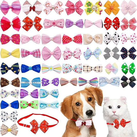 PET SHOW 50 Pack Small Dog Bow Ties Collar Bulk Puppy Cats Boy Girl Bowties Adjustable Neckties Pet Grooming Accessories Assorted Randomly(Daily Style)