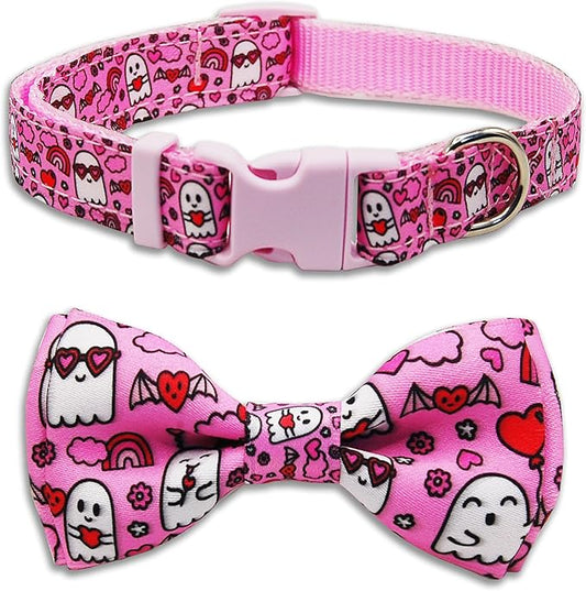 Valentine’s Day Dog Collar Adjustable Puppy Collar with Pink Heart and Flowers Pattern, Cute Pet Accessories for Small Medium Large Dogs