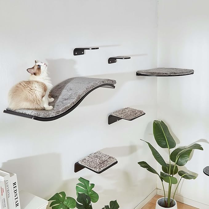2 Set Cat Wall Steps - Wooden Cat Climbing Shelf for Wall - Cats Wall Stairs with Scratching Mat - Wall Mounted Cats Furniture for Jumping, Playing, and Lounging, Walnut