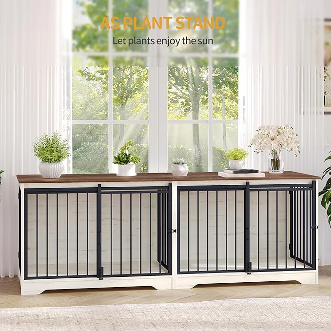 78" Dog Crate Furniture for 2 Dogs, Double Dog Cage with Divider, Wooden Heavy Duty Dogs Kennel, Pet Cage with Barn Door, TV Stand for Large Small Medium Dogs, White Brown DFC83714BV1