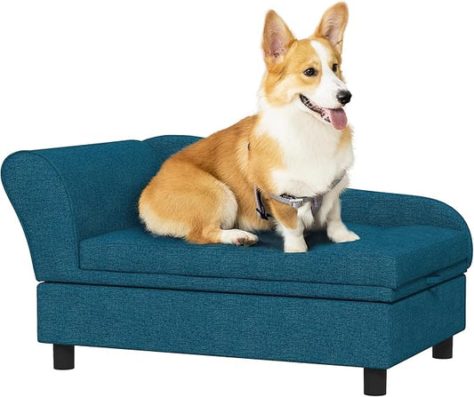 Pet Sofa, Dog Couch, Elevated Pet Bed for Small and Medium Dogs, with Hidden Storage, Soft Tufted Cushion, Dark Blue