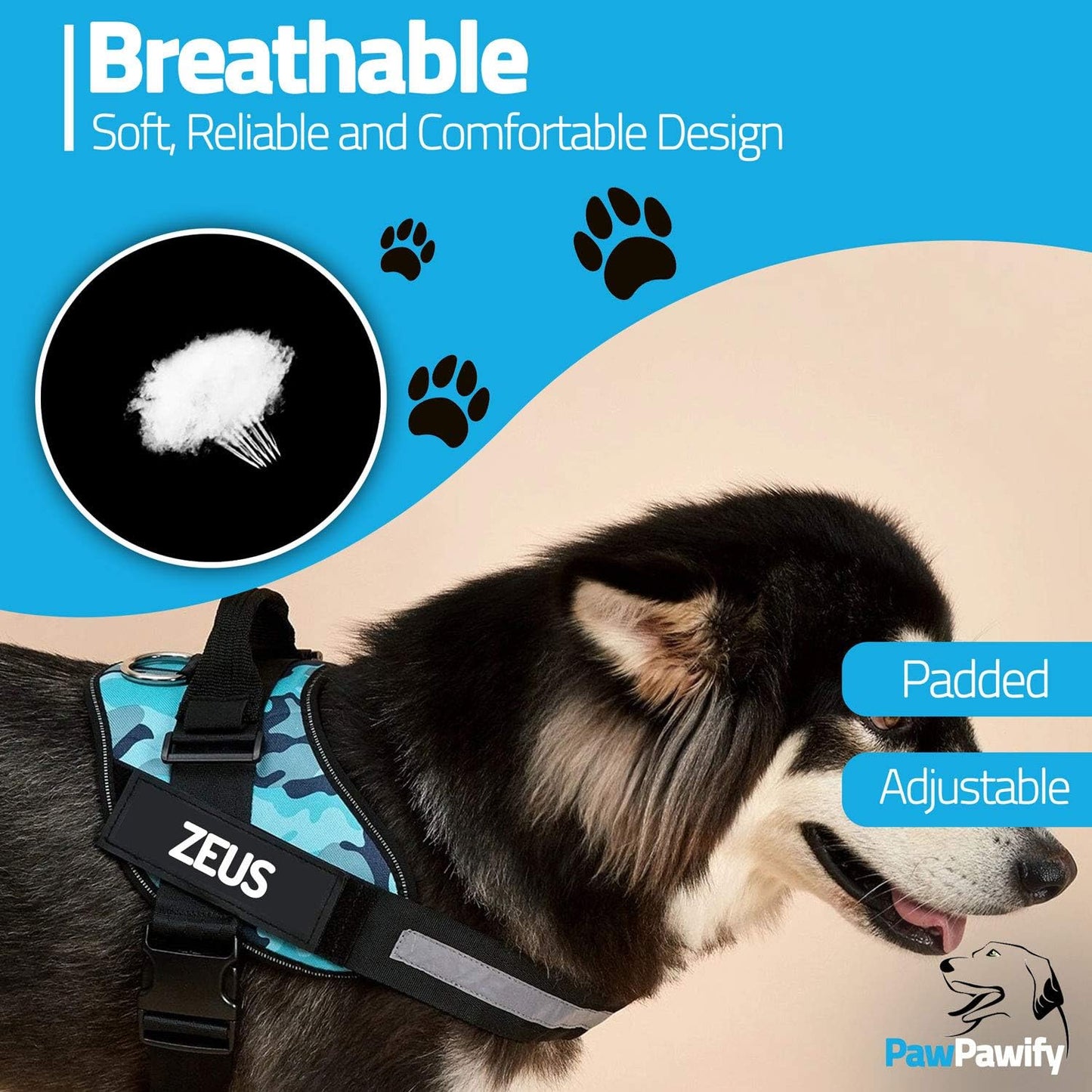 PawPawify Custom No Pull Dog Harness with Name and Phone Number, Heavy Duty Personalized Pet Vest to Prevent Tugging, Pulling, or Choking, Training and Walking (Camouflage Blue, XL (60-85 LBS))