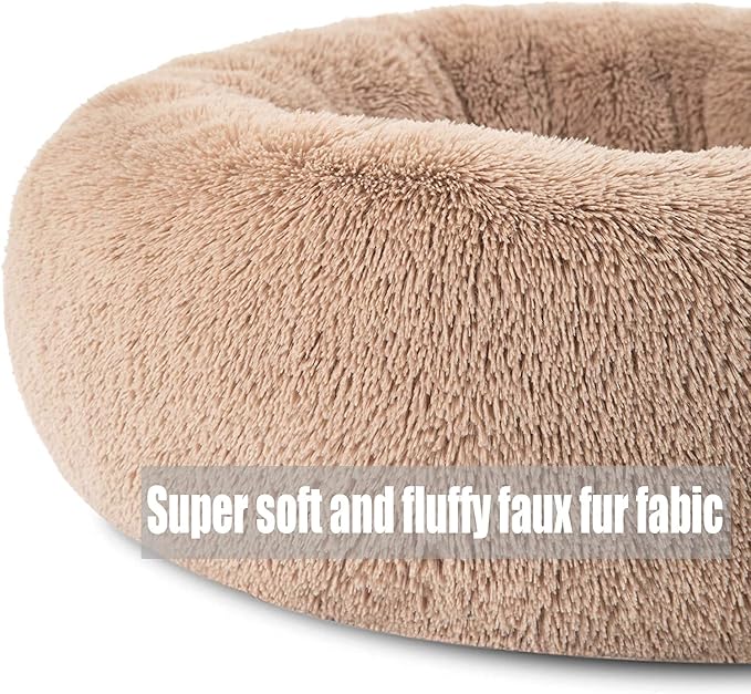 Calming Faux Fur Dog Beds Calming Donut Cuddler Dog Bed Washable Round Cat Bed Pillow Cuddler Fluffy Indoor Dog Calming Beds with Anti Slip Bottom Solid Color Pink 16 Inch