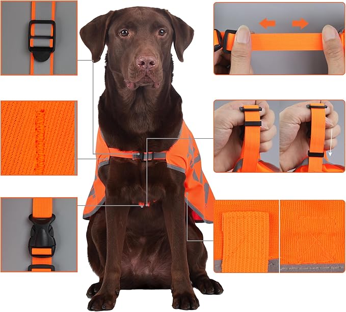 Custom Orange Reflective Dog Vest for Large Breeds,High Visibility Dog Safety Vest Harness with Removable Bell Keep Safe from Hunting, Training & Cars Accidents