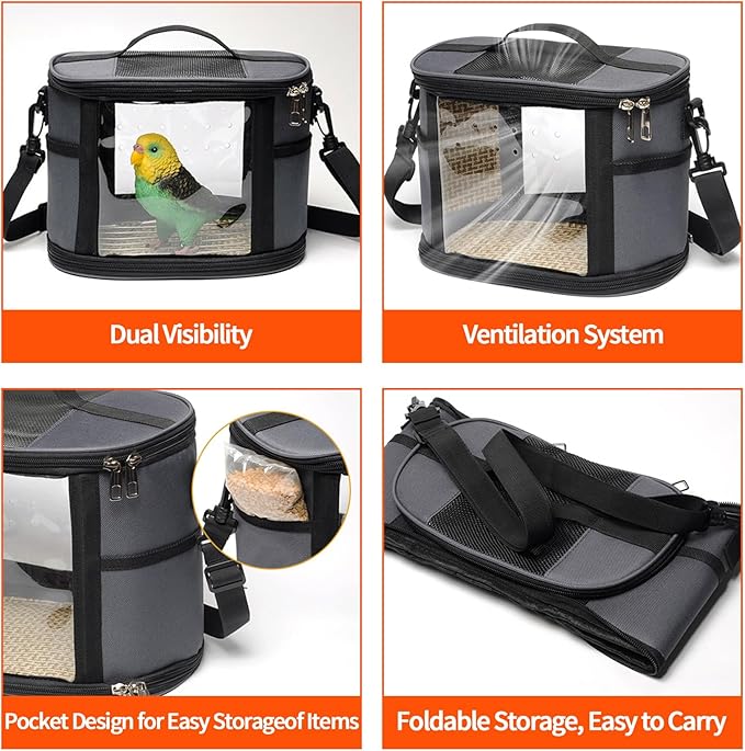 Bird Travel Carrierm, Small Bird Travel Backpack Carrier Cage with Tray and Breathable Clear Window, for Parakeet Cockatiel Budgies, for Camping Hiking (Small-White)