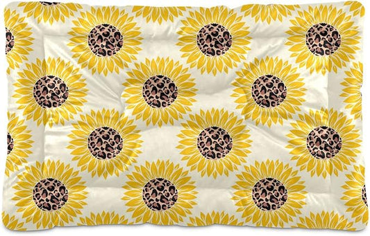Leopard Print Sunflower Pet Bed Cute Dog Bed Mat Absorbing Non Slip Pad Pet Sleeping Mat for Small, Medium, and Large Dogs Puppy Cat 24 in x 18 in