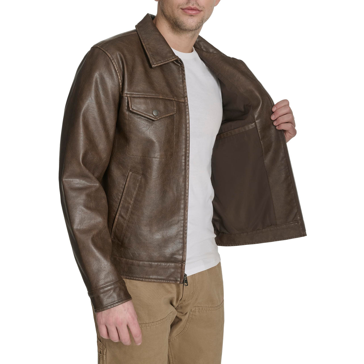 Levi's Men's Faux Leather Modern Trucker Jacket, Saddle, Medium