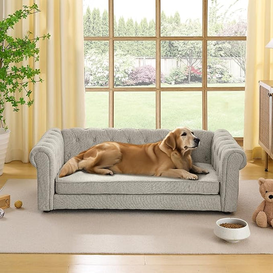 Dog Sofa Couch for Medium and Large Dogs, Memory Foam Dog Sofa Couch with Washable Fabric, Durable Elevated Pet Bed with Legs, Removable Cushion for Medium to Large Dogs, Beige