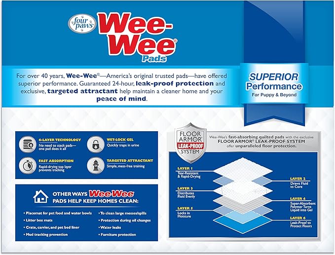 Four Paws Wee-Wee Superior Performance Unscented Pee Pads for Dogs & Puppies, Quilted Leak-Proof Dog Housebreaking Potty Training Floor Protection, 22" x 23", 14 Count