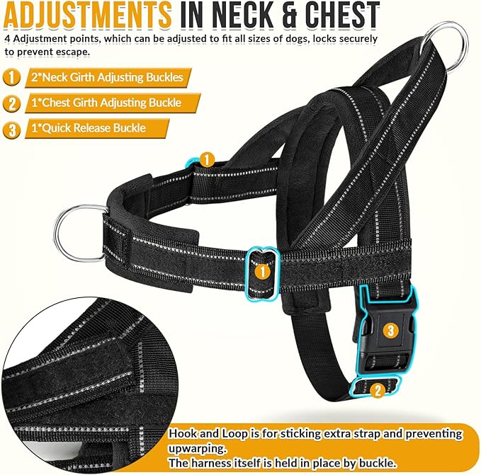 SlowTon No Pull Dog Harness - Heavy Duty Dog Harness and Leash Set for Medium Large Dogs, Reflective Tactical Harness with Soft Padded and Front Clip for Easy Walk and Training (B, XL)