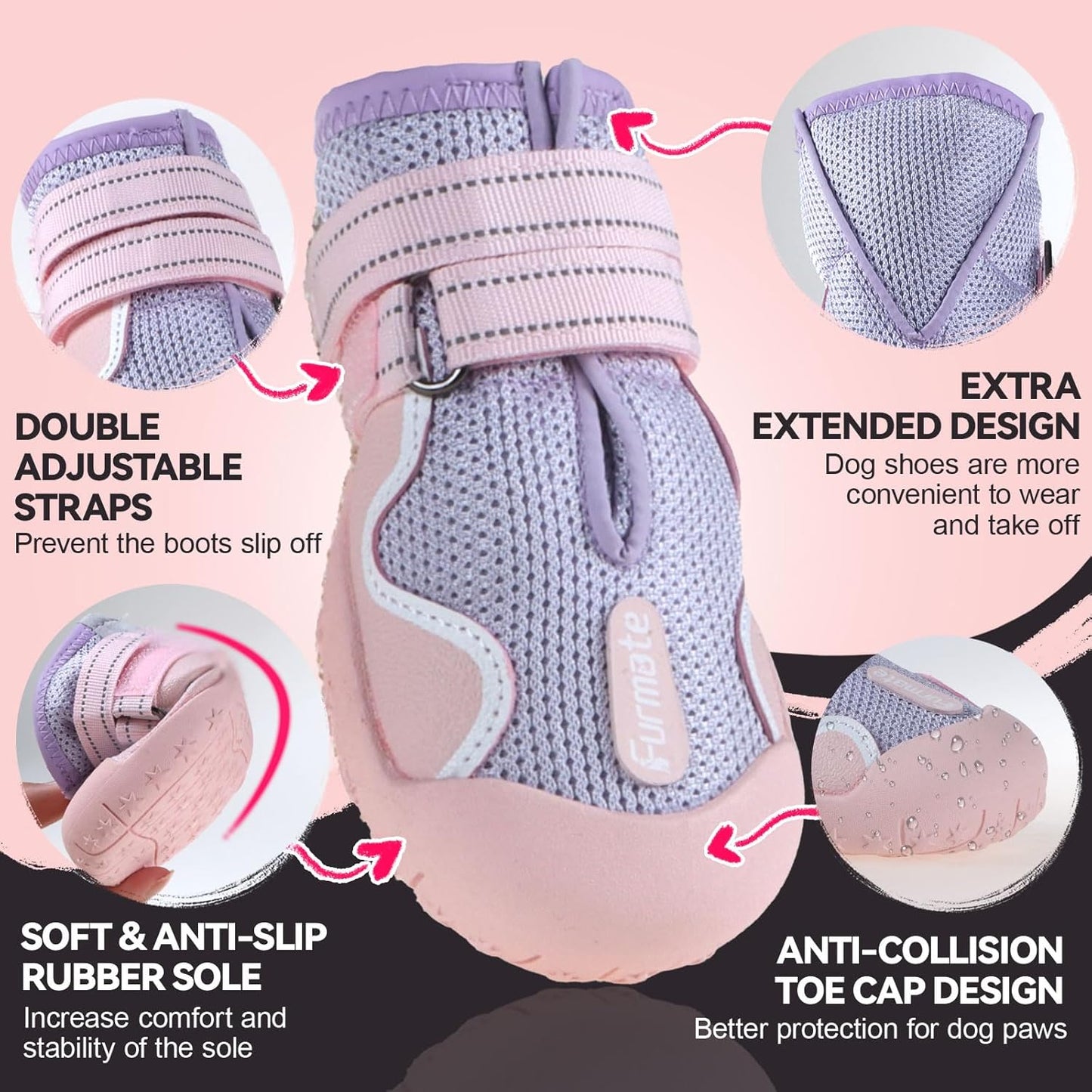 Dog Shoes for Large Small Medium Dogs, Breathable Mesh Dog Boots & Paw Protectors for Summer Hot Pavement Winter Snow, Waterproof Anti-Slip Dog Booties for Hiking Hardwood Floors(Pink-Purple7)
