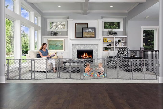 Regalo Safety 192" Super Wide Baby Gate & Play Yard, 2-in-1 Adjustable Playpen for Babies, Toddlers & Pets, Includes Wall Mount Kit, Plastic, Gray