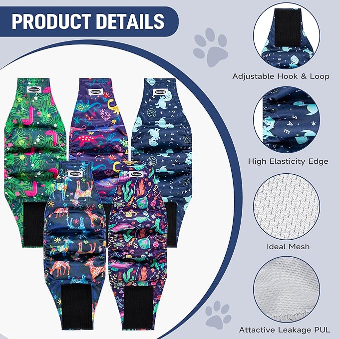 Male Dog Diapers, High Absorbing Dog Belly Bands for Male Dogs, Washable Reusable Dog Male Wraps(5 Pack)