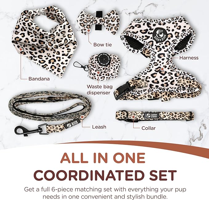 No Pull Harness and Leash Set - 6-in-1 Adjustable Vest Harness and Collars for Medium and Large Dogs. (Leopard, Extra Small)