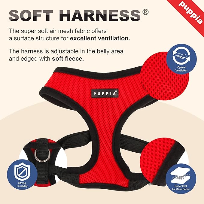 Puppia Soft Dog Harness No Choke Over-The-Head Triple Layered Breathable Mesh Adjustable Chest Belt and Quick-Release Buckle, Beige, Small