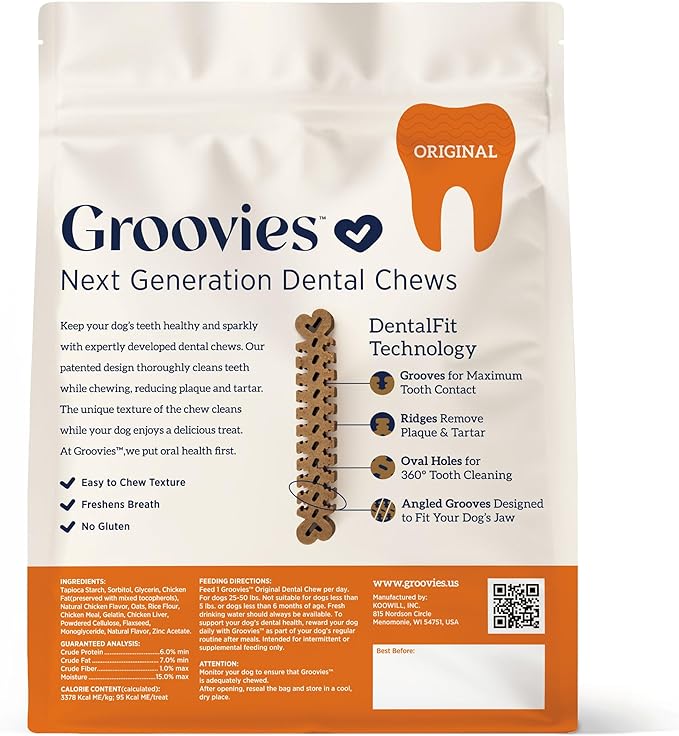 Groovies Flexible Dog Dental Chews with Patented DentalFit Technology to Help Support Tartar Control & Fresh Breath, Large Dog Chews for 25-50 lb Dogs, USA Manufactured Oral Care, 6 Chews