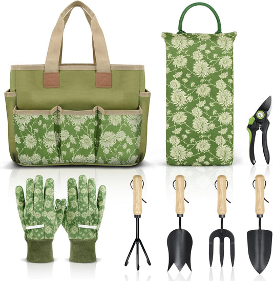 Colwelt Garden Tools Set, 8 Piece, Heavy Duty Gardening Tools with Wooden Handle, Including Garden Tote, Kneeling Pad, Gloves, Pruner, Trowel, Tulip Trowel, Cultivator - Gardening Gifts for Women Men