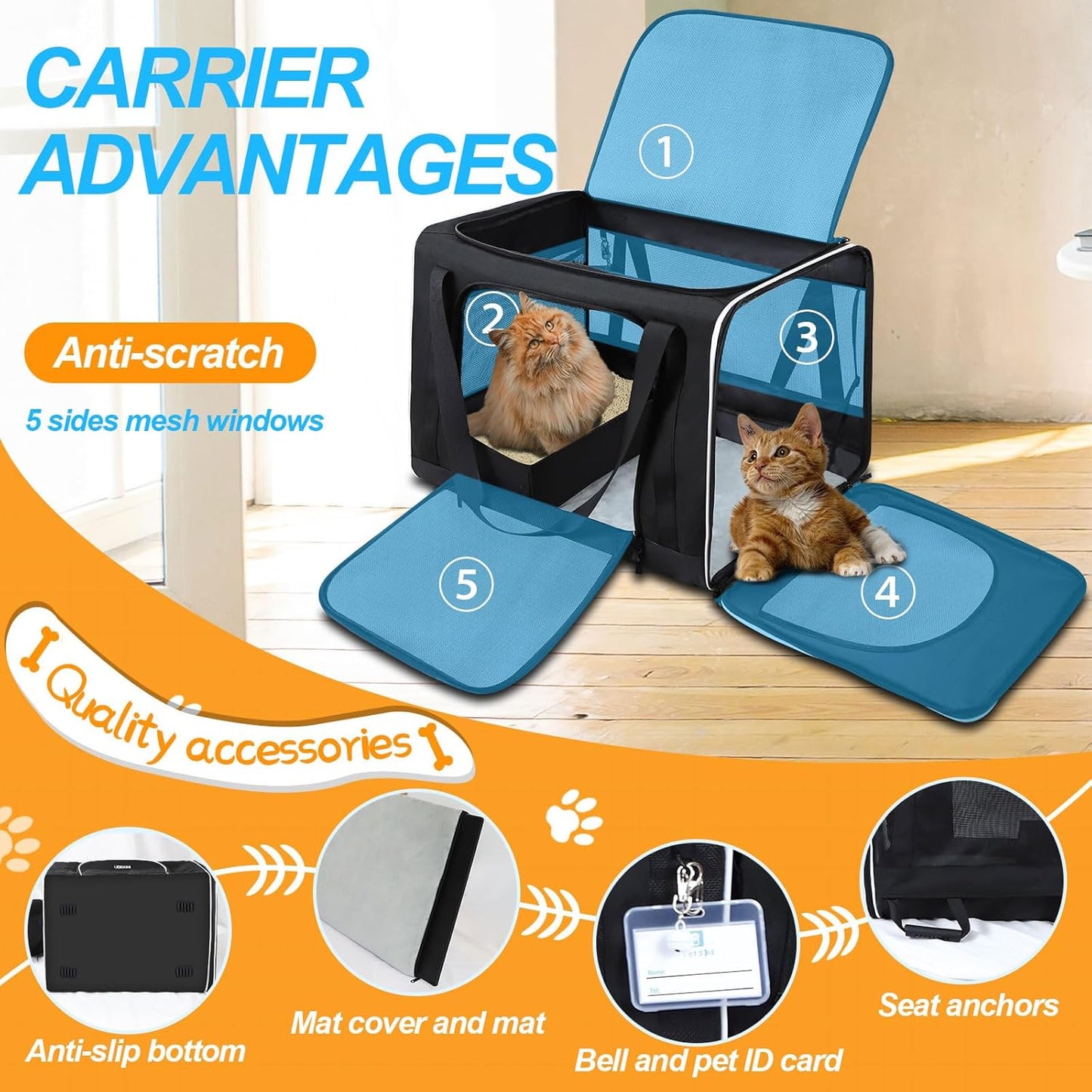 Petskd Extra Large Cat Carrier with Wheels and Litter Box 24"x17"x17" for Large Cat or 2 Small Cats, Collapsible Soft Sided Pet Carrier for Car Travel with Lockable Safety Zippers(Black)