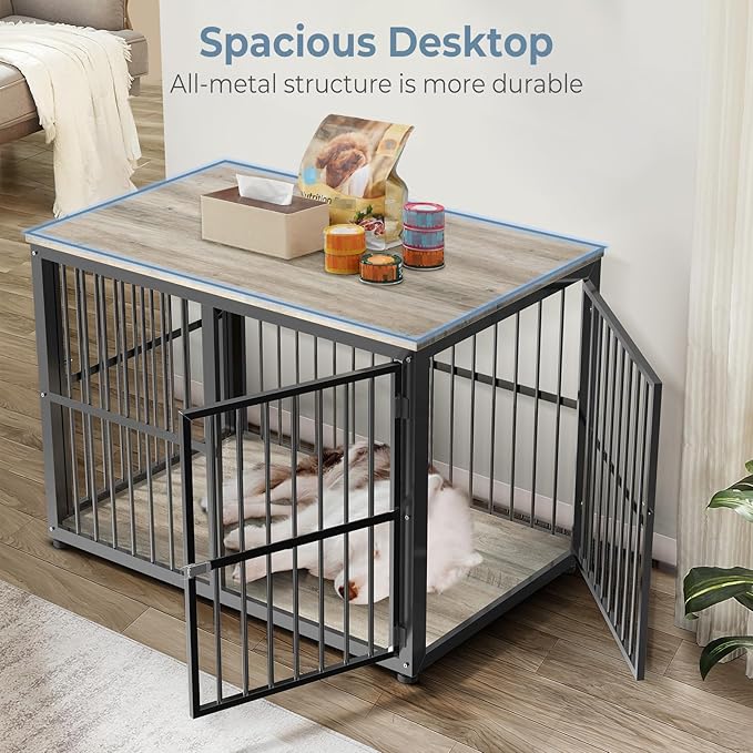 Lyromix 43'' Dog Crate Furniture with 3 Doors, XL Wooden Crate End Table, Heavy Duty Indoor Puppy Cage Kennel for Medium to Large Dogs, Multiple Units Can be Combined