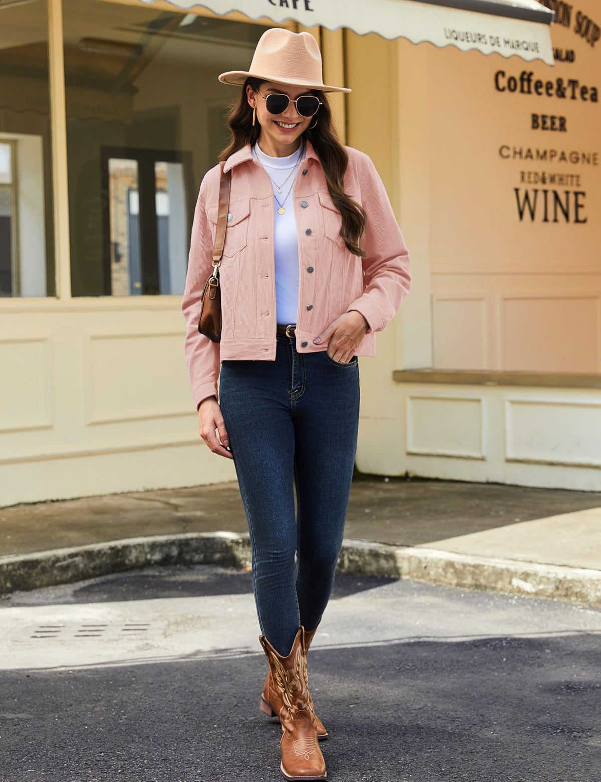 YUCOLEN Womens Corduroy Jacket Button Down Collared Coat Light Pink M