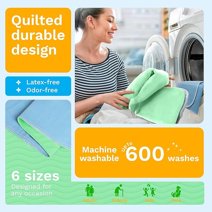 GREEN LIFESTYLE® Washable Underpads - Heavy Absorbency Reusable Bedwetting Incontinence Pads for Kids, Adults, Elderly, and Pets - Toddler Mattress Pads for Bed, Sofa, Couch, Floor (Pack of 6 - 34x36)