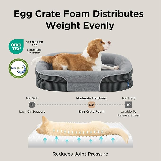 Bedsure L Plus Orthopedic Dog Beds Large Sized Dog - 360° Oval Bolster Large Dogs Bed for Senior Dogs with Waterproof Washable Cover, Big Comfort Pet Sofa Couch with Ultra-Soft Fleece, Grey, 38"