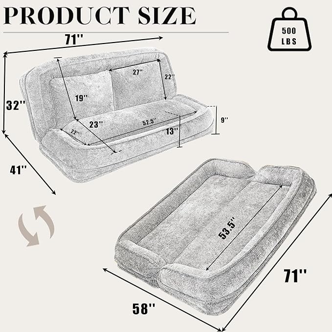 Double Human Dog Bed for Adult and Kids, Comfy Foldable Lazy Floor Loveseat Sofa Bed with 5 Adjustable Position, Upholstered Floor Bean Bag Lounger Chair for Bedroom, Living Room,Office (Black)